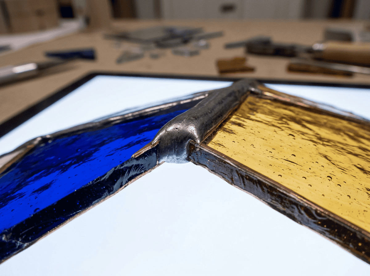 Examen en primer plano de pantalla de lámpara de vidrieras: sección transversal de pieza de vidrio coloreado, perfil 3D de línea de soldadura, prueba de color a través del cuerpo del vidrio