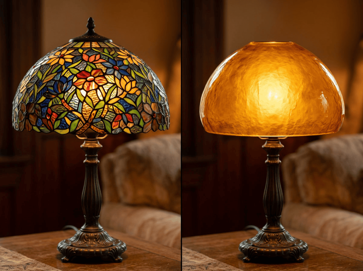 Comparación iluminada lado a lado: pantalla de vidrio emplomado de cobre en varias piezas mostrando piezas de patrón coloreado y líneas de soldadura versus vidrio de color ámbar de una sola pieza mostrando un brillo cálido uniforme