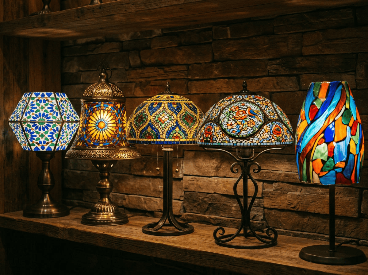 Cinco estilos de pantallas de lámparas de vidrio mosaico: azulejo geométrico mediterráneo, patrón de estrella marroquí, joya smalti bizantina, micro-mosaico de lámina de cobre, mosaico abstracto contemporáneo