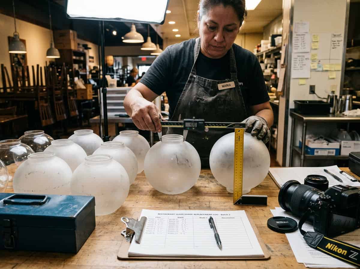 measure replacement glass shades for restaurant lights — step-by-step batch measurement process showing caliper on fitter, ruler at globe width, and documentation recording all dimensions
