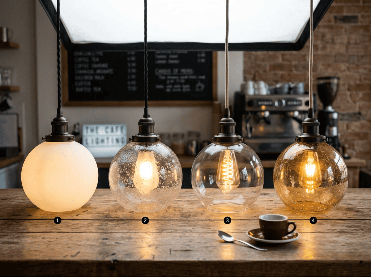 best glass shades for cafe pendant lights — four cafe glass shade types comparison: frosted globe, seeded textured glass, clear globe with filament, amber tinted