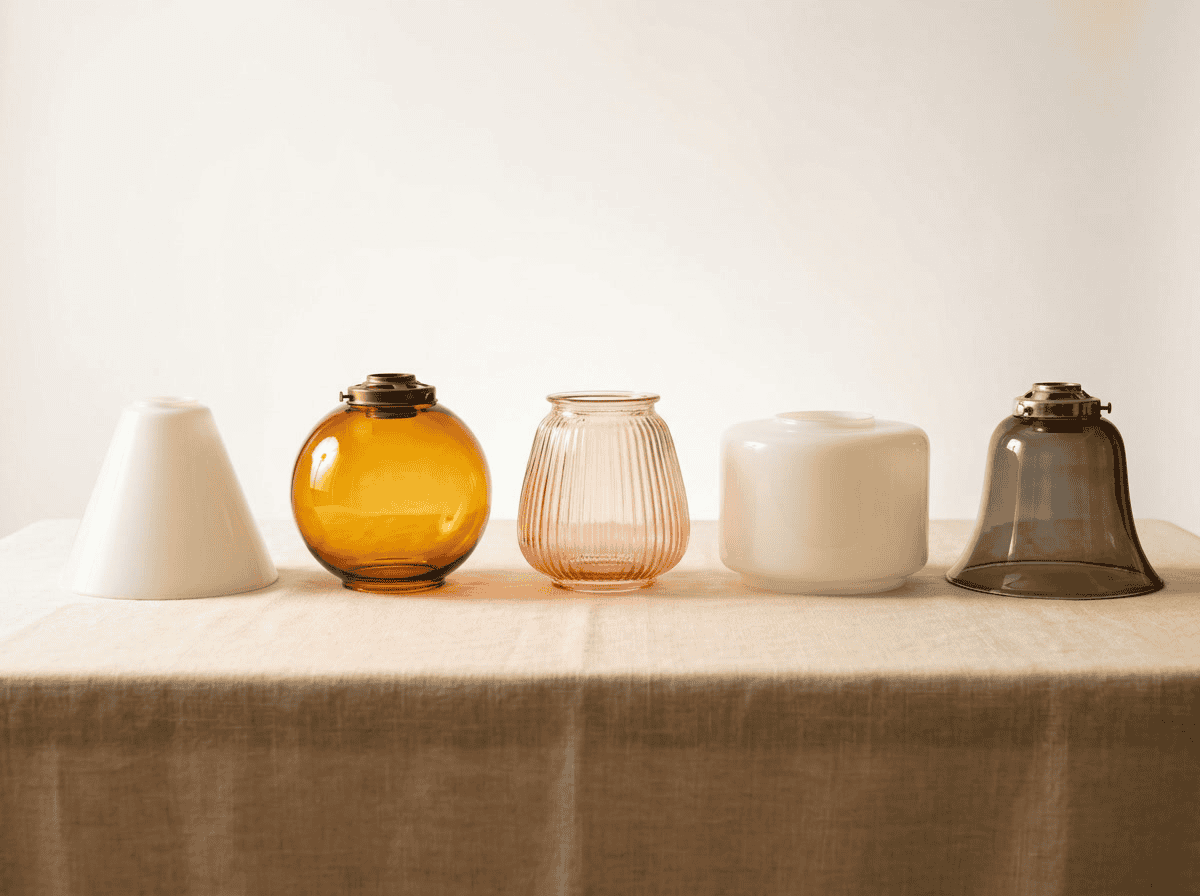 Abajures de vidro variados em várias formas e cores para luminárias elegantes.