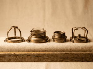 Componentes de latão vintage para produção e personalização de cúpulas de vidro para lâmpadas.