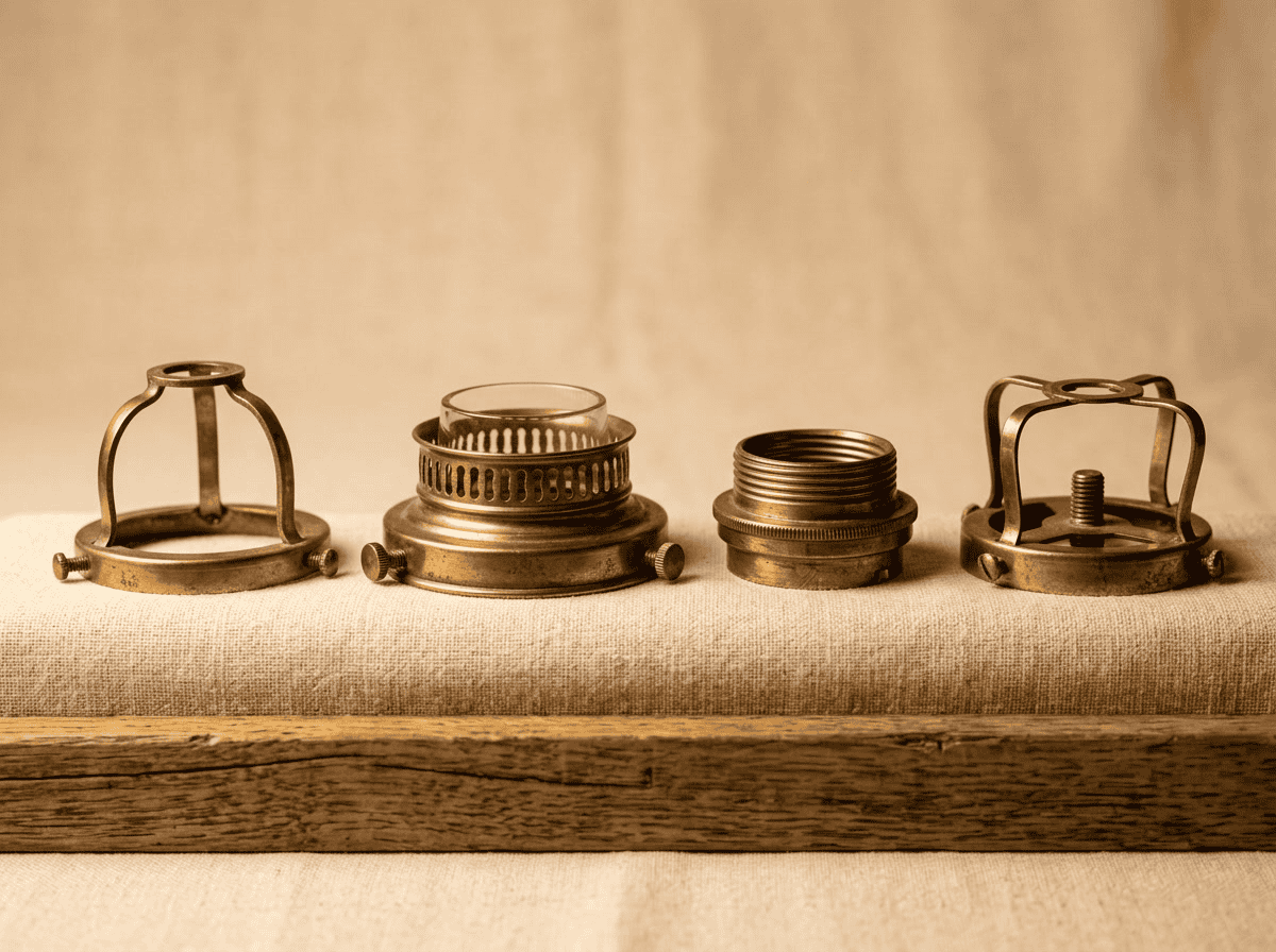Vintage brass lamp components for glass lampshade production and customization.