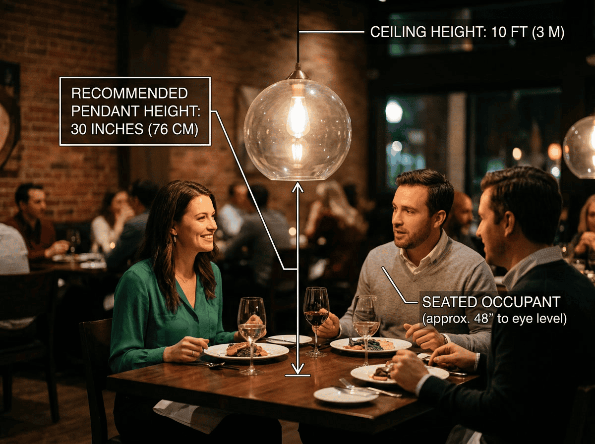 Elegant glass pendant lamp hanging over a dining table in a restaurant. Perfect for stylish lighting.