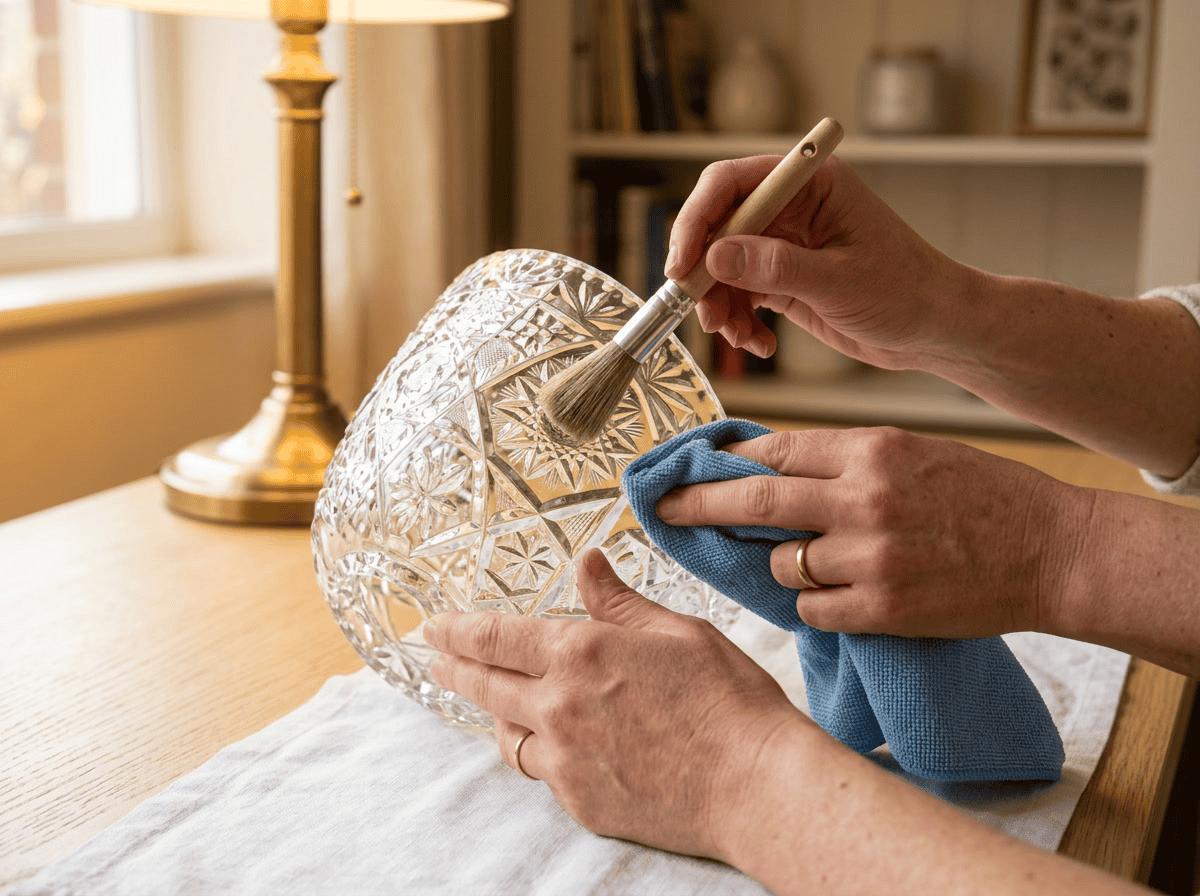 Hand cleaning a decorative glass lampshade with a brush and cloth.