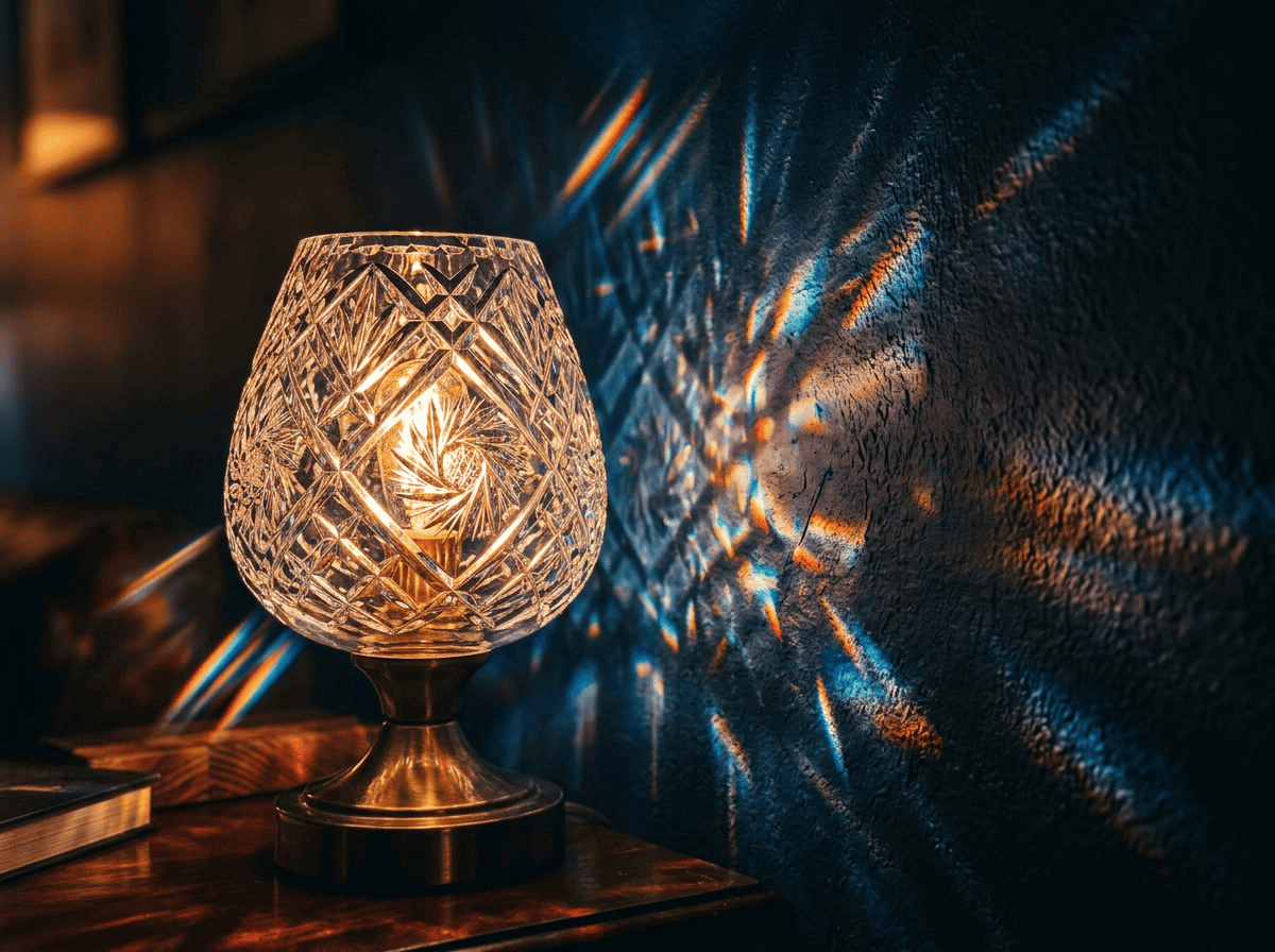 Crystal glass lampshade with intricate cut design, perfect for decorative lighting.