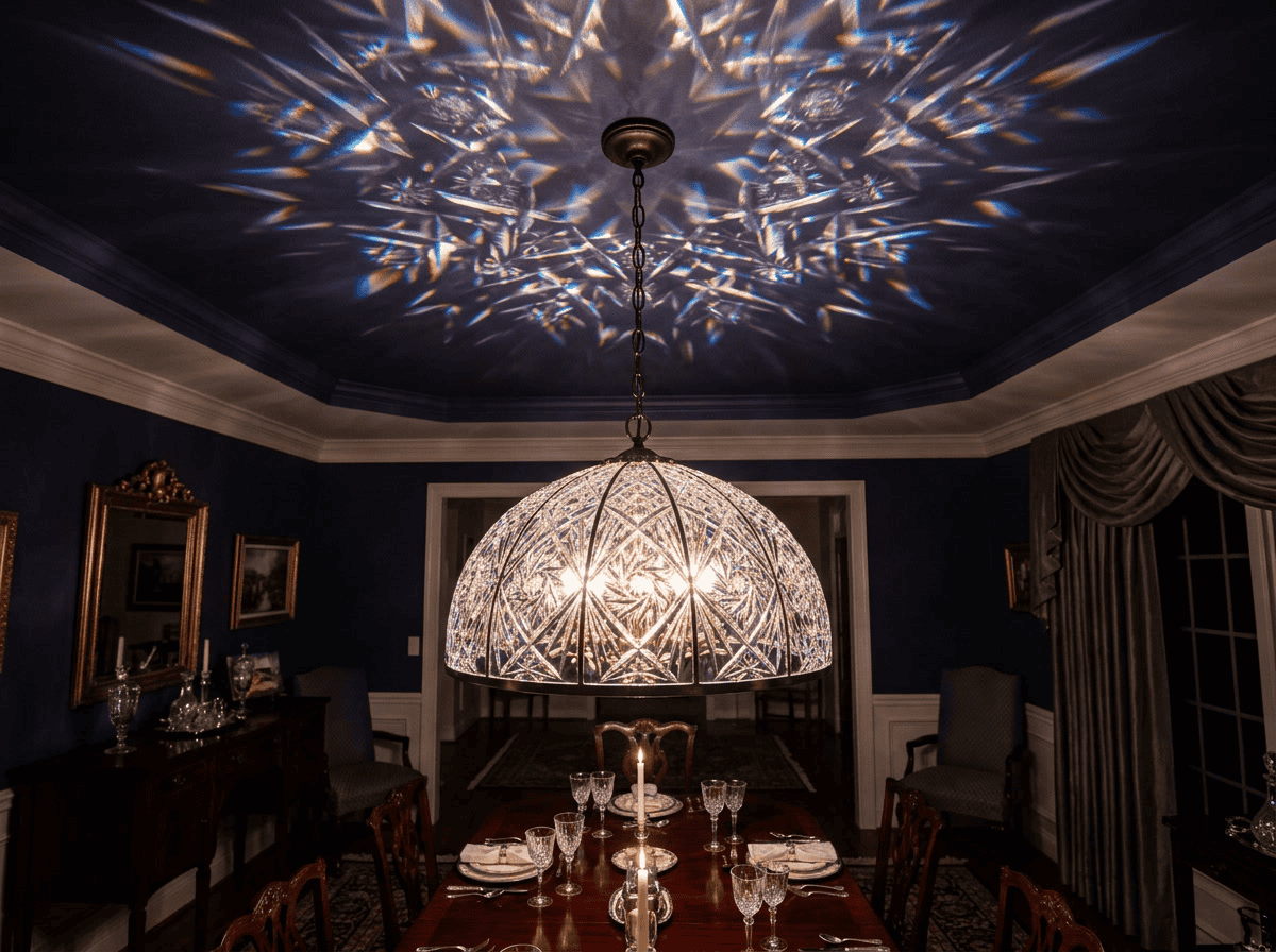 Elegant glass lampshade casting intricate light patterns on ceiling.