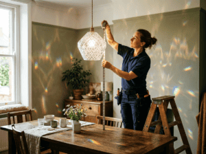 Woman installing a glass lampshade in a cozy dining room setting.