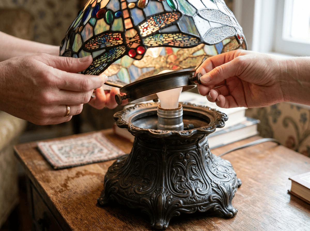 Hands installing a stained glass lampshade on an antique lamp base.