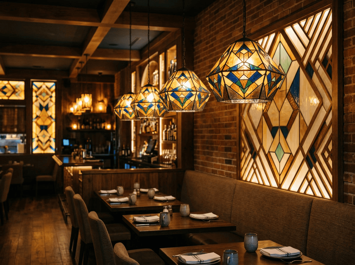 Abajures de vitrais personalizados em interiores de restaurante — abajures com padrão geométrico combinando, criando uma atmosfera de marca consistente