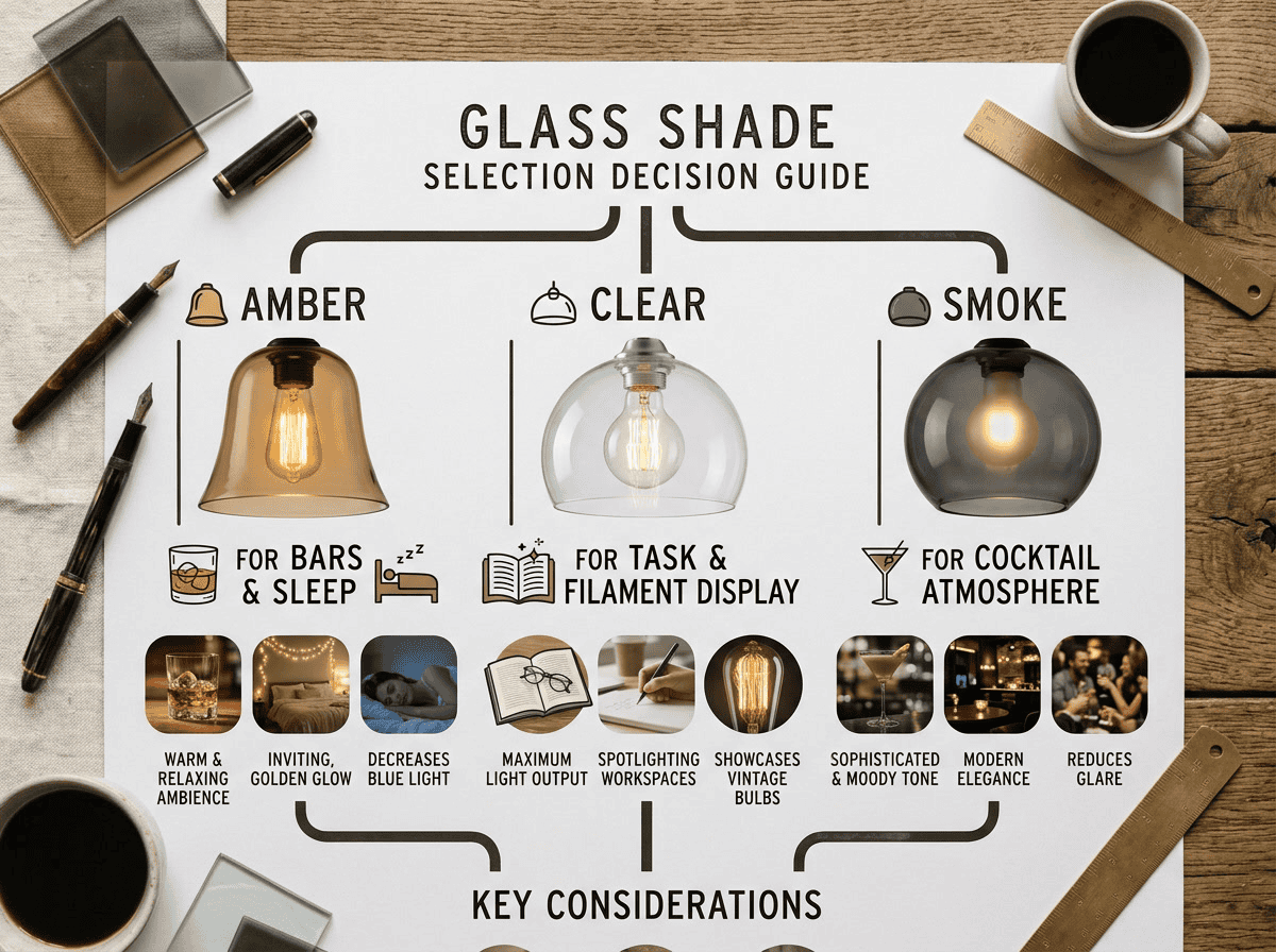 amber vs clear vs smoke glass shades — decision guide with three questions leading to glass shade recommendation