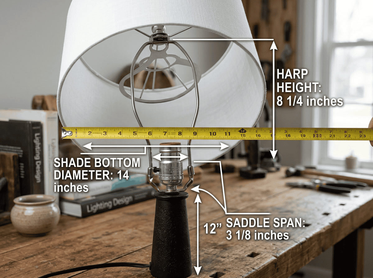 Lampshade measurement guide showing harp height, shade diameter, and saddle span.