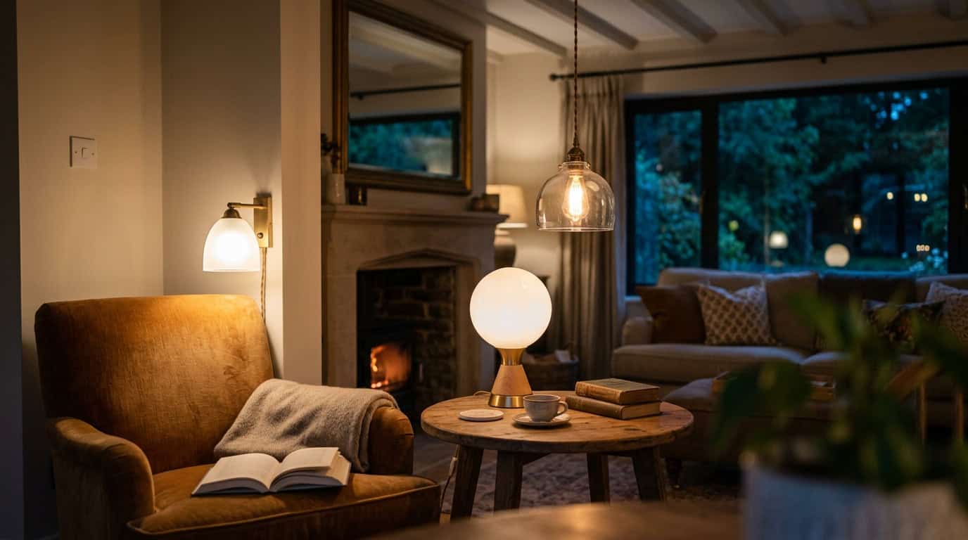 Elegant glass lampshade illuminating a stylish living room with warm lighting and modern decor.