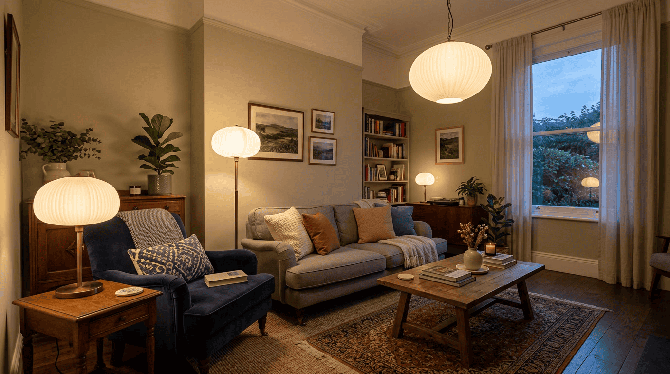 como escolher cúpulas de vidro para decoração residencial — ambiente decorado finalizado com cúpulas de vidro coordenadas em abajur de mesa, luminária de chão e pendentes em iluminação quente de fim de tarde