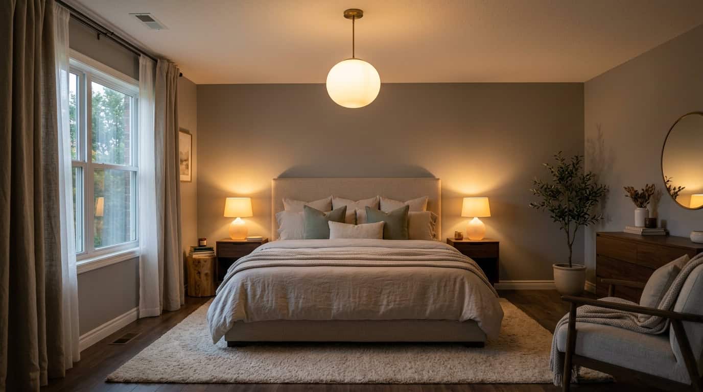 Modern bedroom featuring glass lampshades, cozy lighting, and stylish decor for a relaxing ambiance.