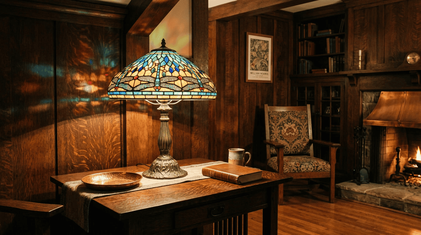 Cúpula de vidro vintage projetando reflexos coloridos em um ambiente interno acolhedor e rústico.