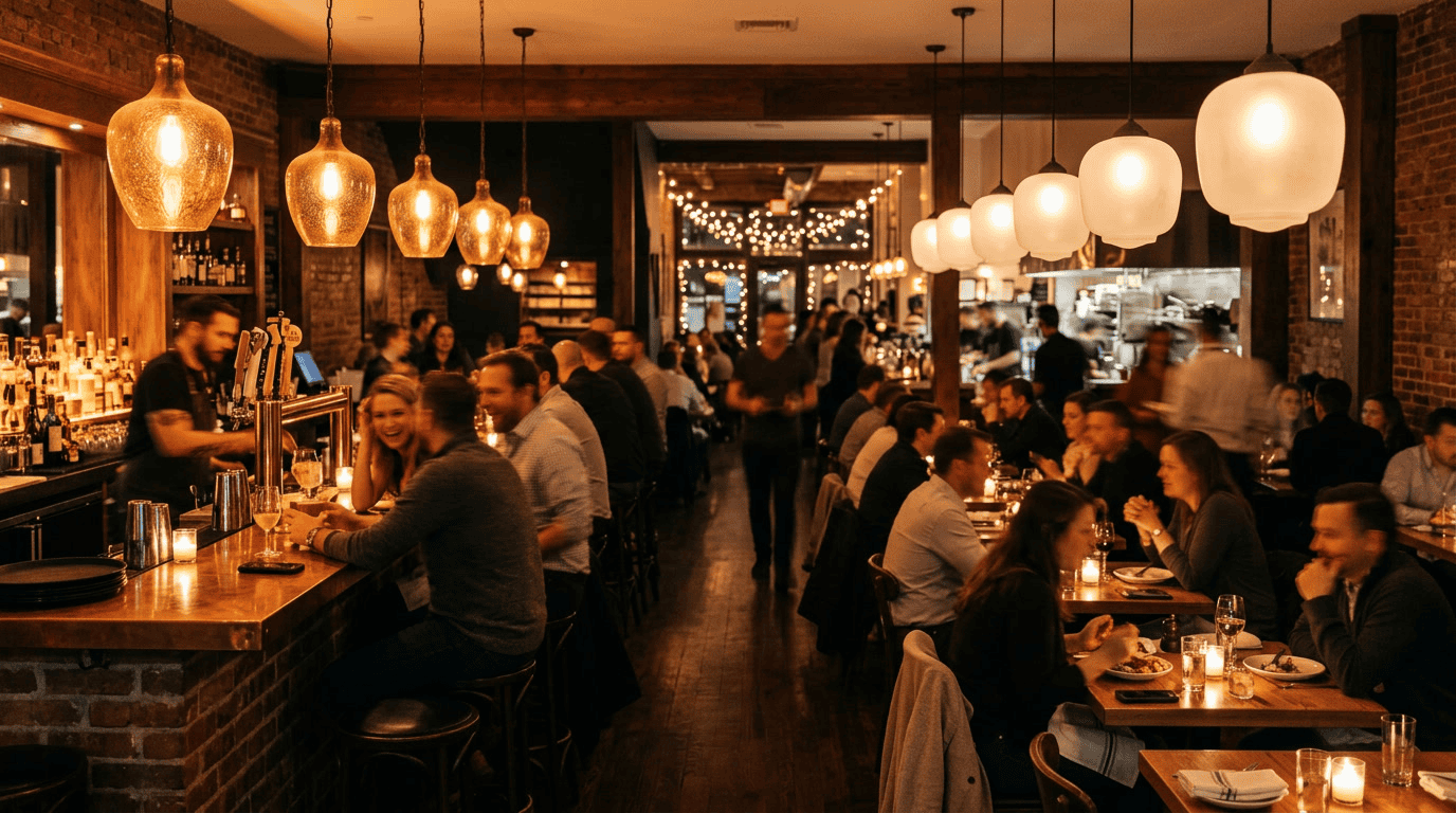 Elegant glass lampshades hanging in a cozy restaurant setting.