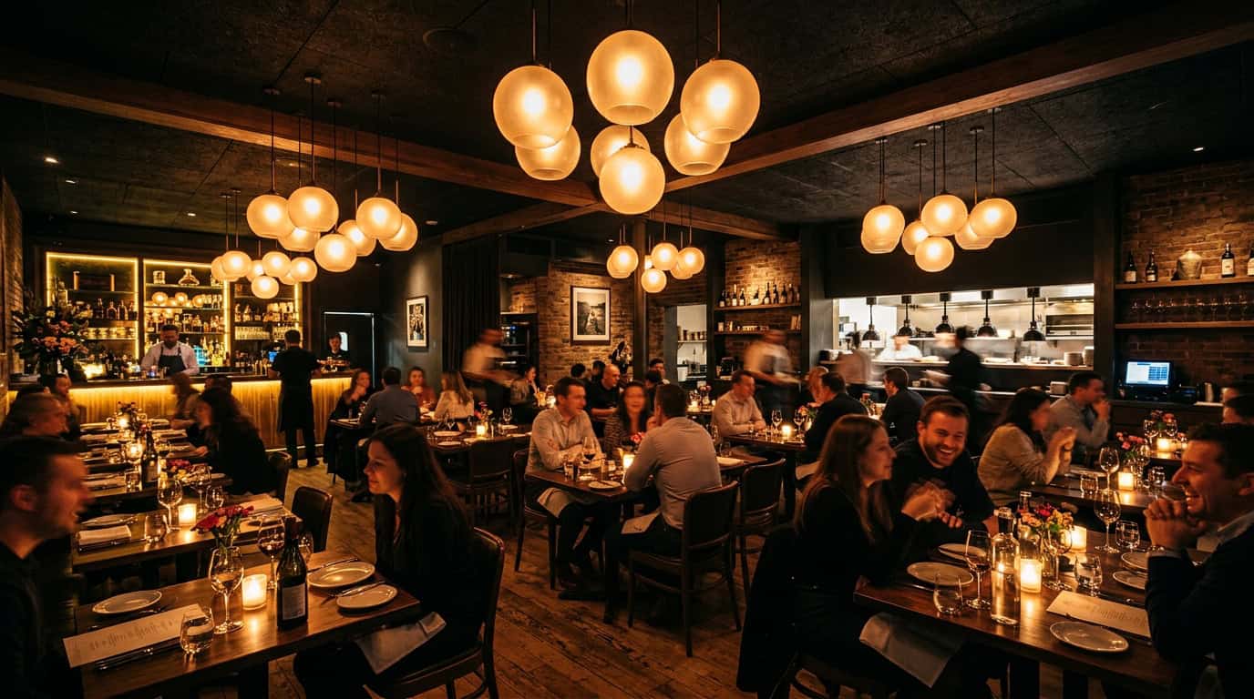 Elegant glass lampshades hanging in a stylish restaurant interior.