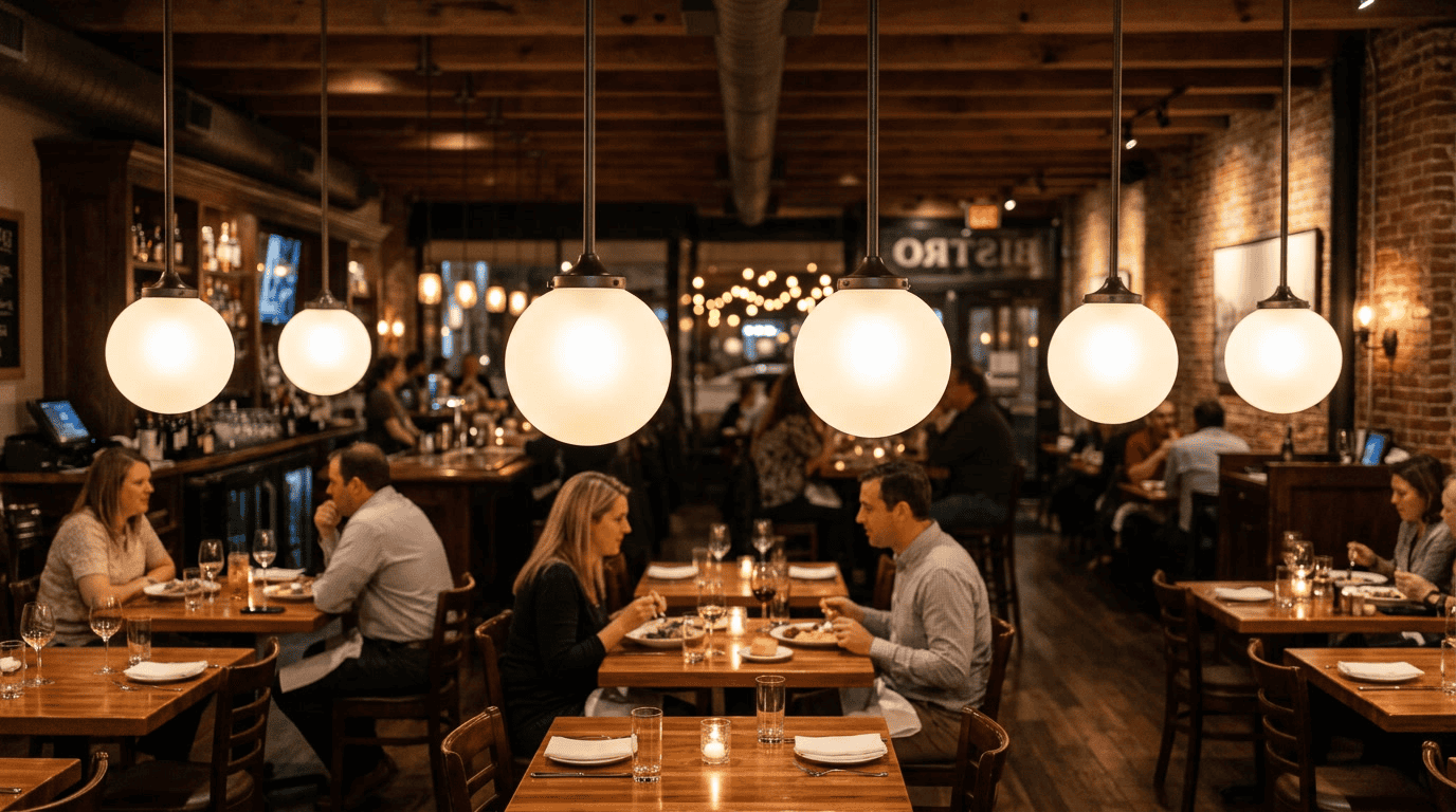 measure replacement glass shades for restaurant lights — correctly measured and matched frosted glass globe replacement shades installed in restaurant pendant fixtures over dining tables