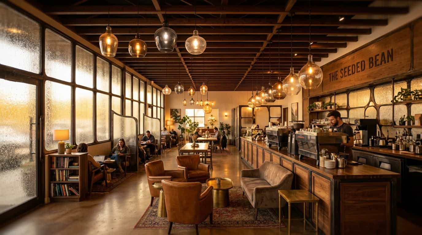 Elegant coffee shop interior featuring stylish glass lampshades and warm lighting.