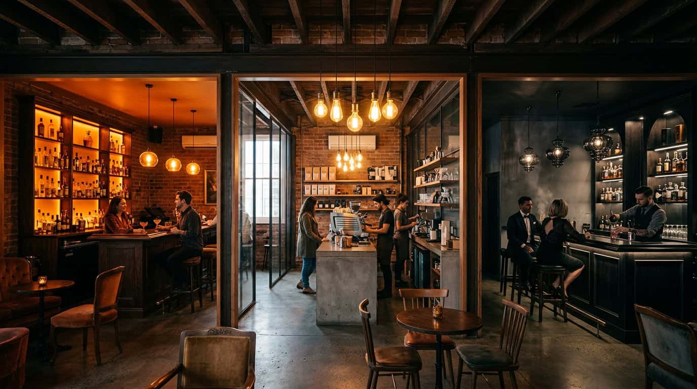 amber vs clear vs smoke glass shades — three room settings showing amber glass bar lounge, clear glass industrial cafe, and smoke glass cocktail bar each demonstrating the distinctive atmosphere each glass creates