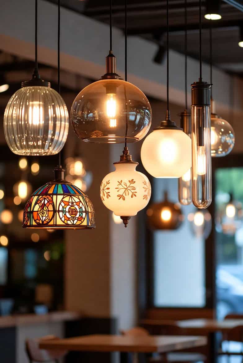Elegant glass lampshades hanging in a modern interior lighting display.