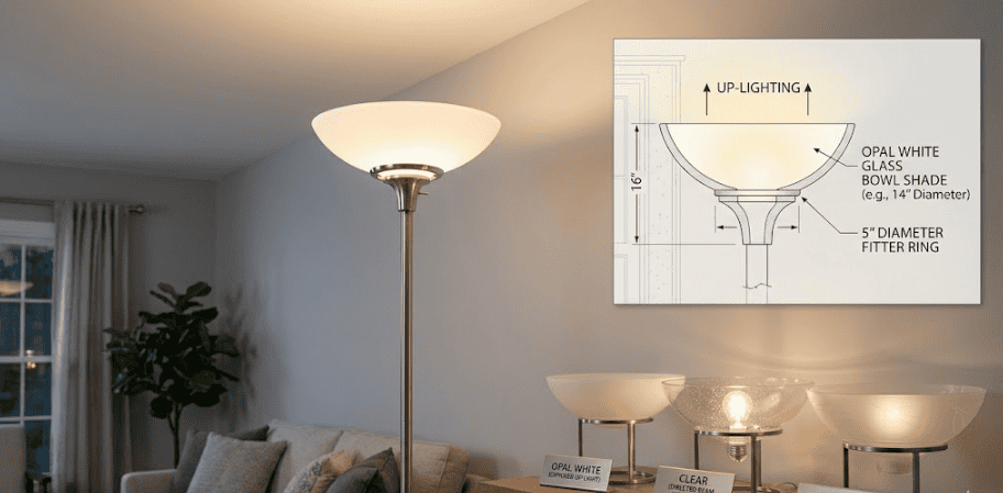 Opal white glass lampshade with a 5-inch diameter and up-light feature, ideal for modern lighting so.