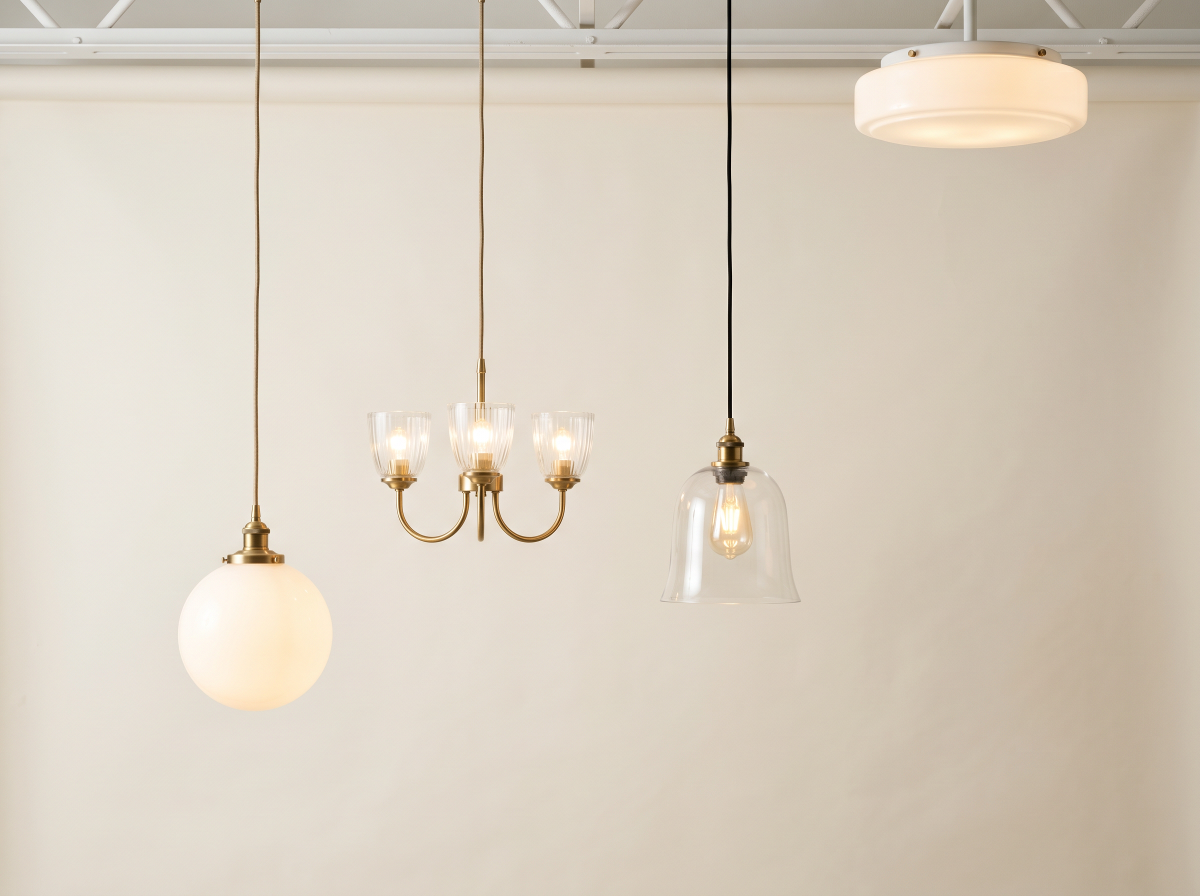 Types de plafonniers : suspension globe en opale, chandelier à abat-jour en verre, suspension en cloche claire et plafonnier en opale