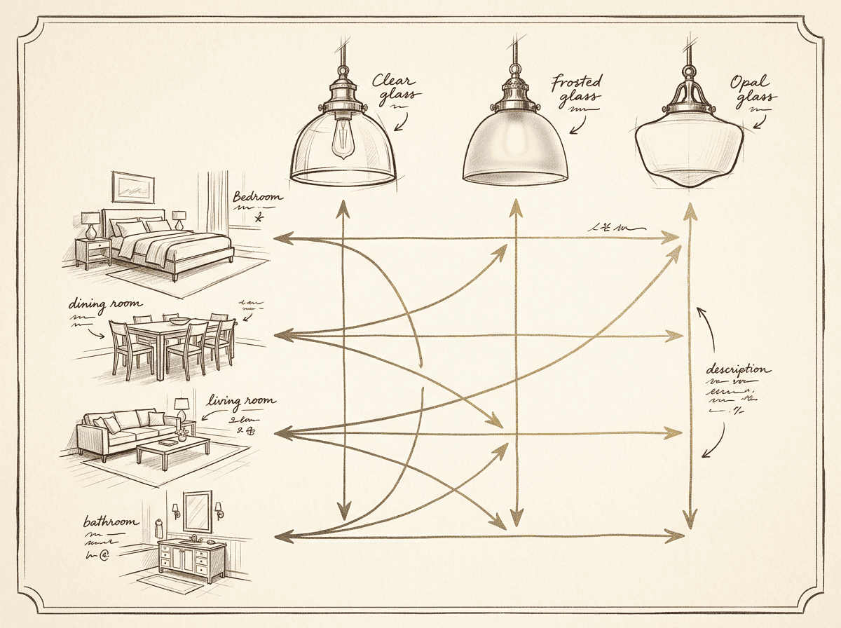 Diagramm der Glaslampenschirmtypen und deren Anwendungen in der Wohnraumbeleuchtung.
