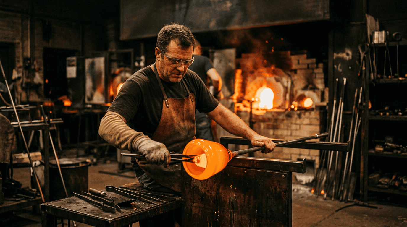 Skilled artisan shaping molten glass into a lampshade in a glassblowing workshop.