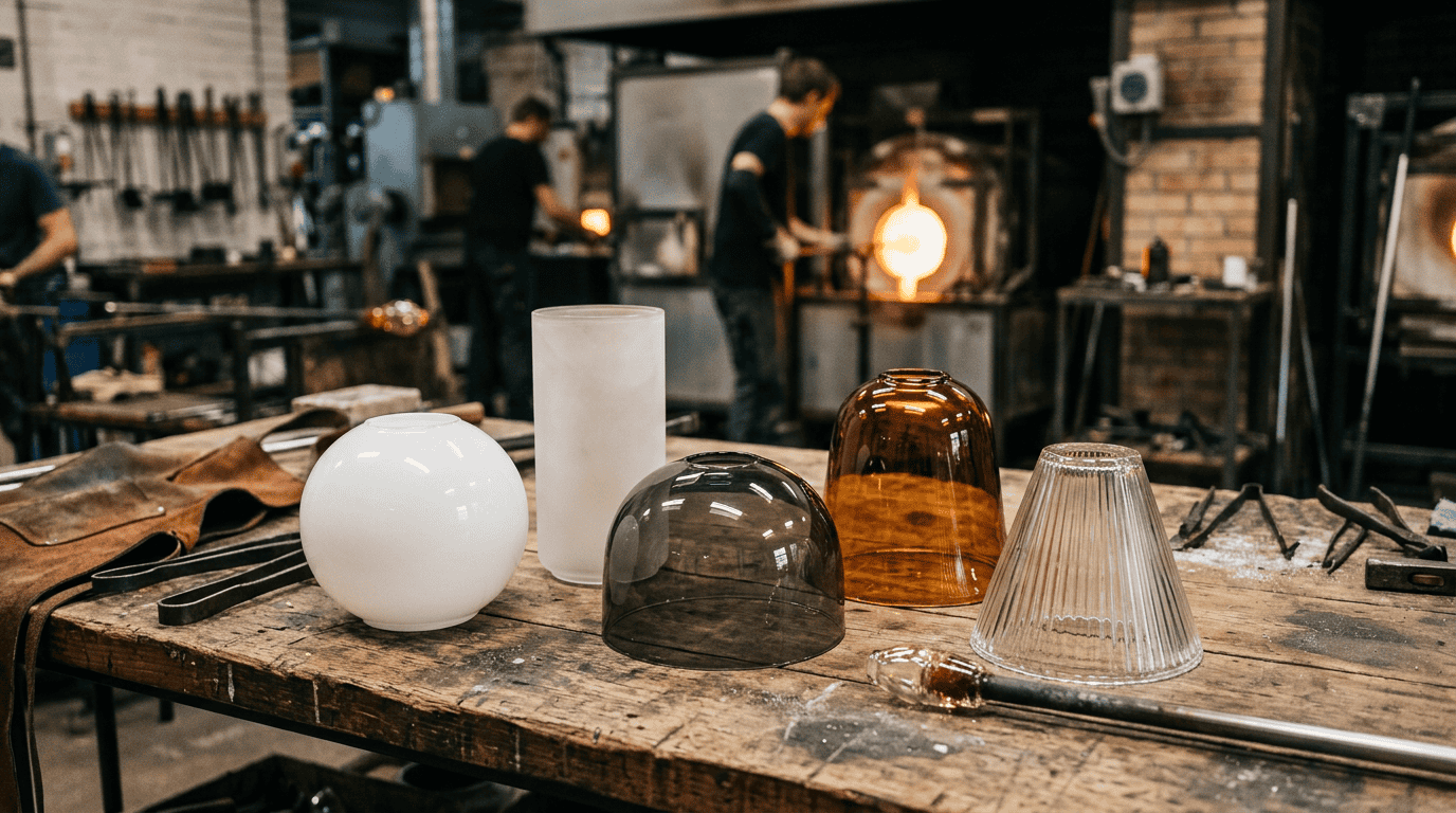Glass lampshade manufacturing with artisans shaping and inspecting glass pieces in a professional wo.