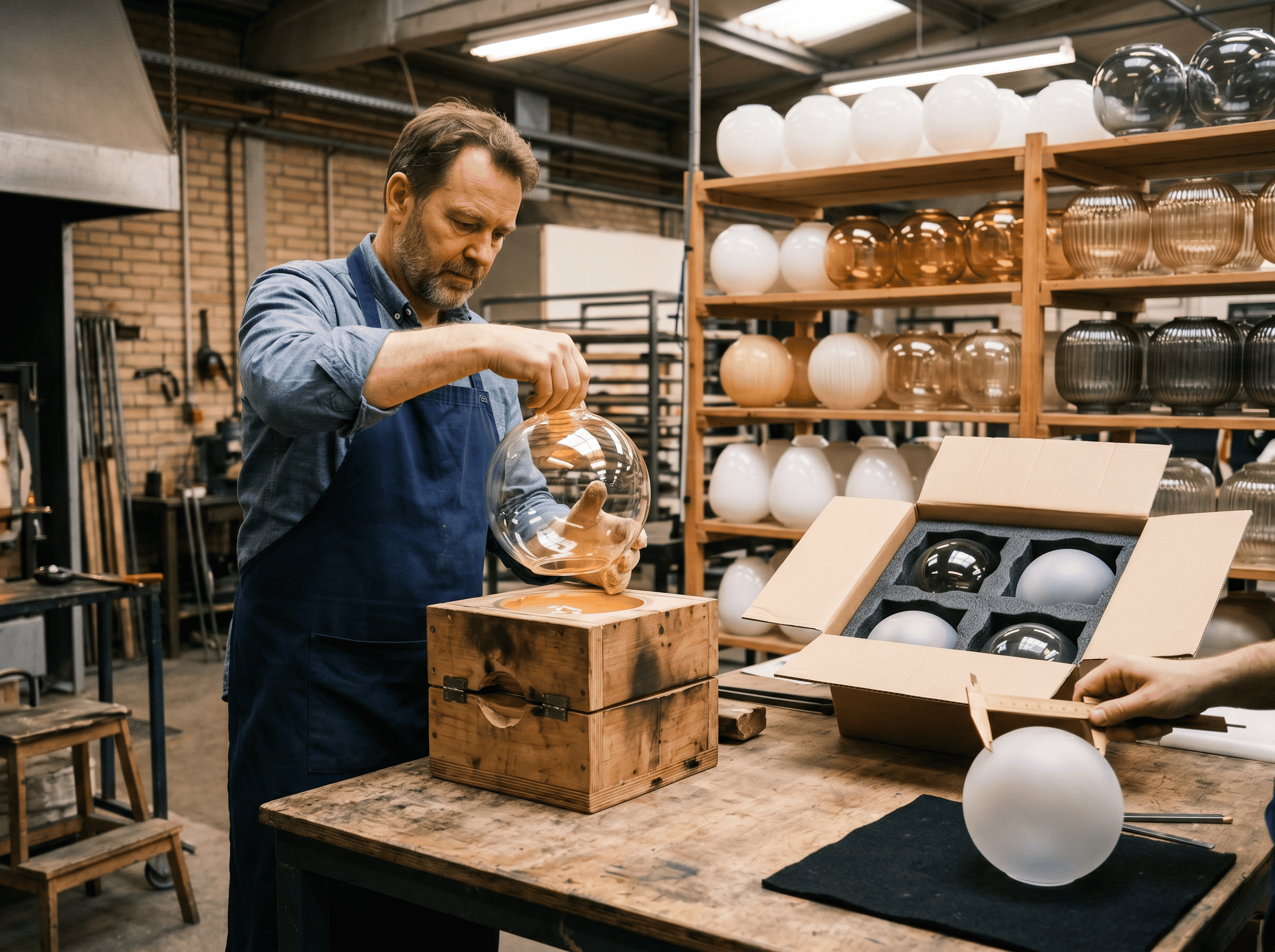 Artisan qualifié fabriquant des abat-jour en verre dans une usine pour des solutions d'éclairage sur mesure.