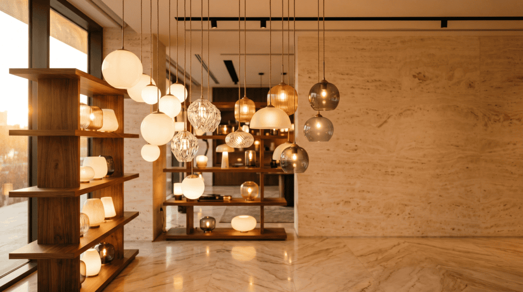 Glass lampshade manufacturer lighting display with various modern pendant lights.