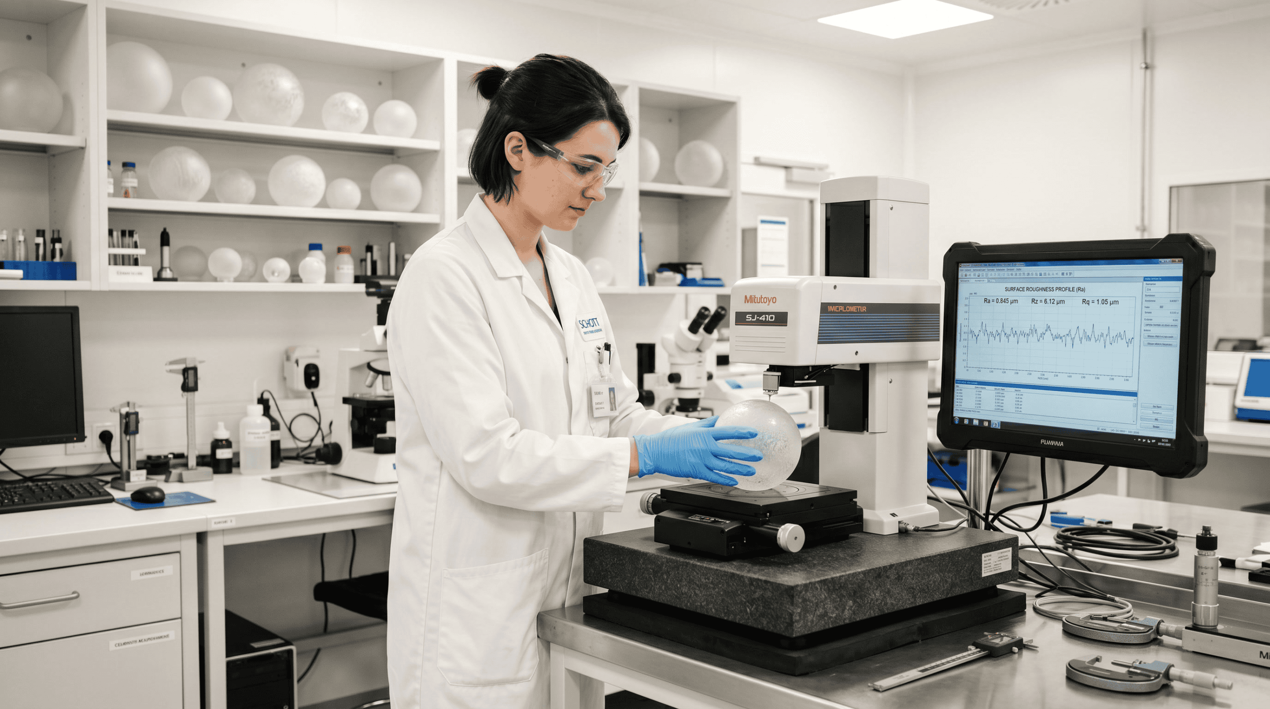 Teste especializado de cúpulas de vidro em ambiente laboratorial para qualidade e durabilidade.