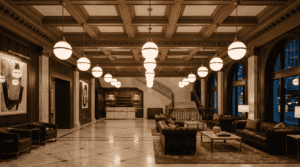 De magnifiques abat-jour en verre illuminant un intérieur d’hôtel sophistiqué avec une décoration classique et un haut niveau de confort.