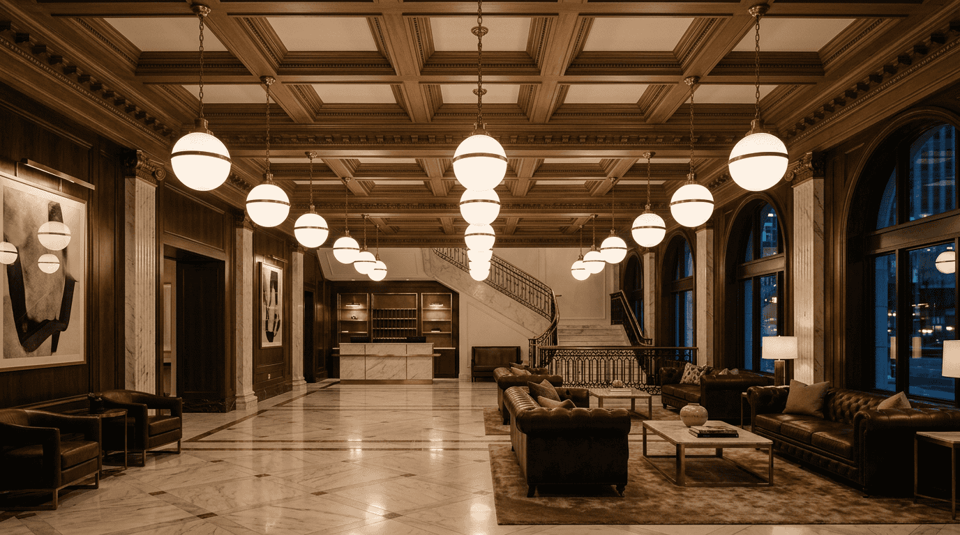 Beautiful glass lampshades illuminating a sophisticated hotel interior with classic decor and high c.
