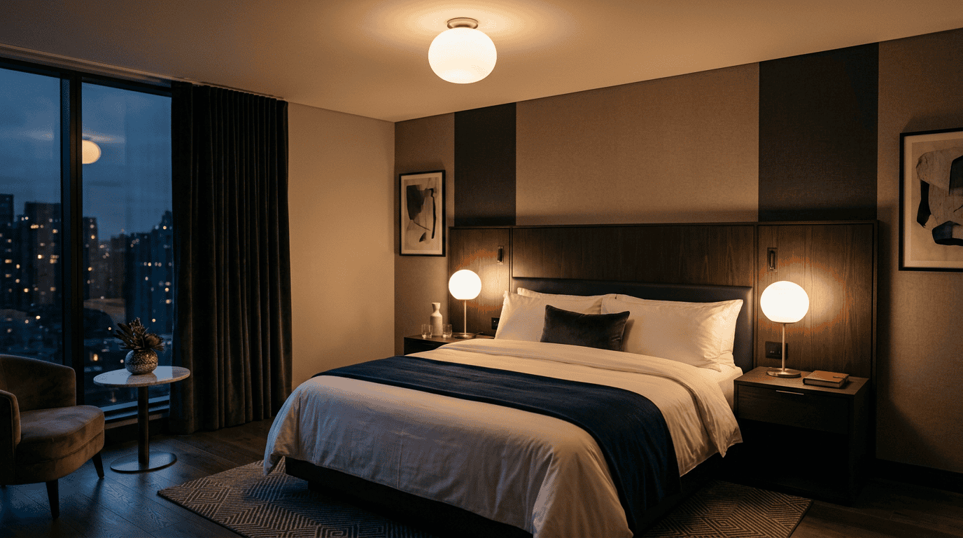 Modern bedroom featuring stylish glass lampshades and cozy lighting for a relaxing atmosphere.