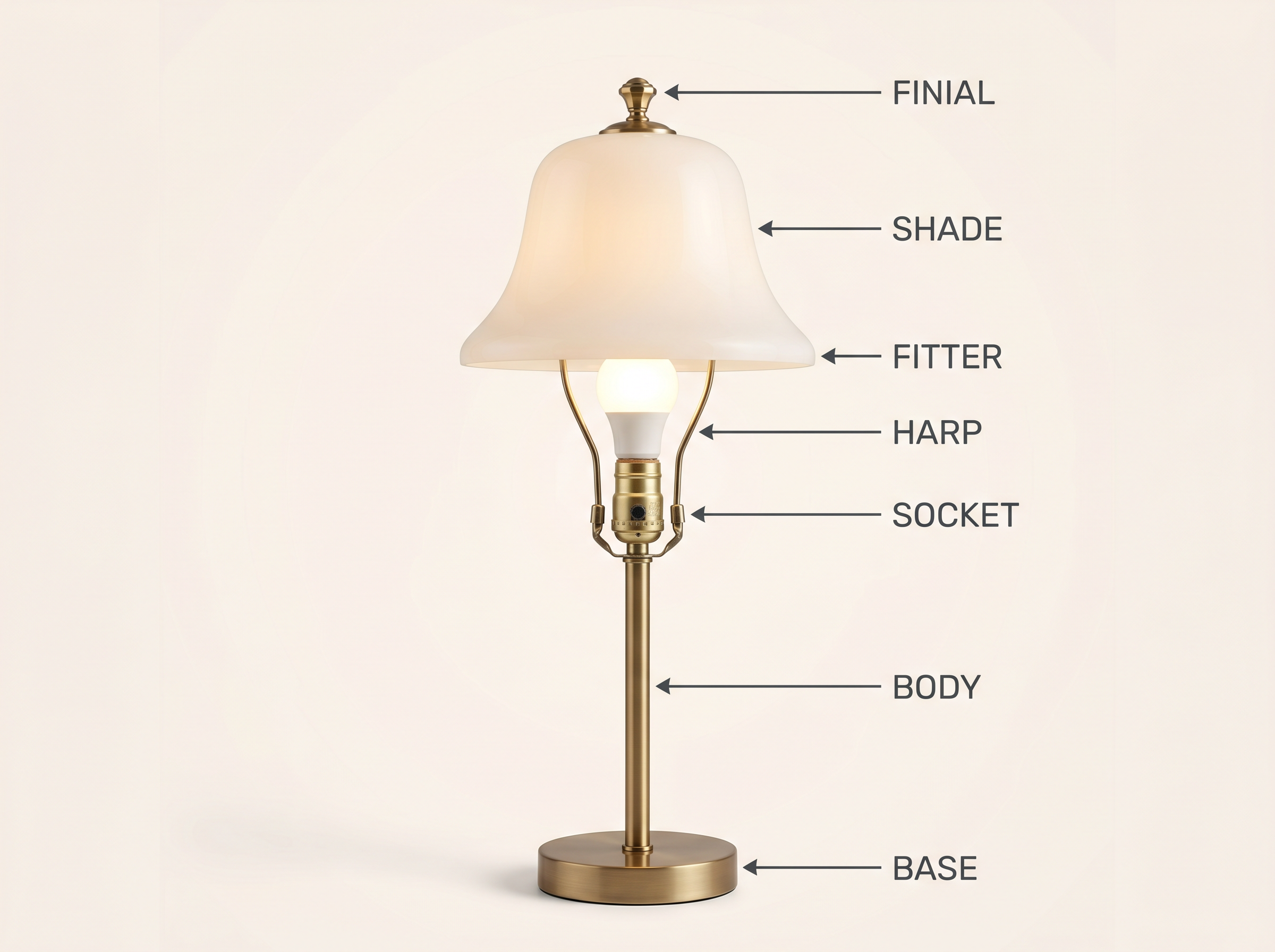 Diagramme des parties d'une lampe étiquetées : finial, abat-jour, adaptateur, support, douille, corps, base