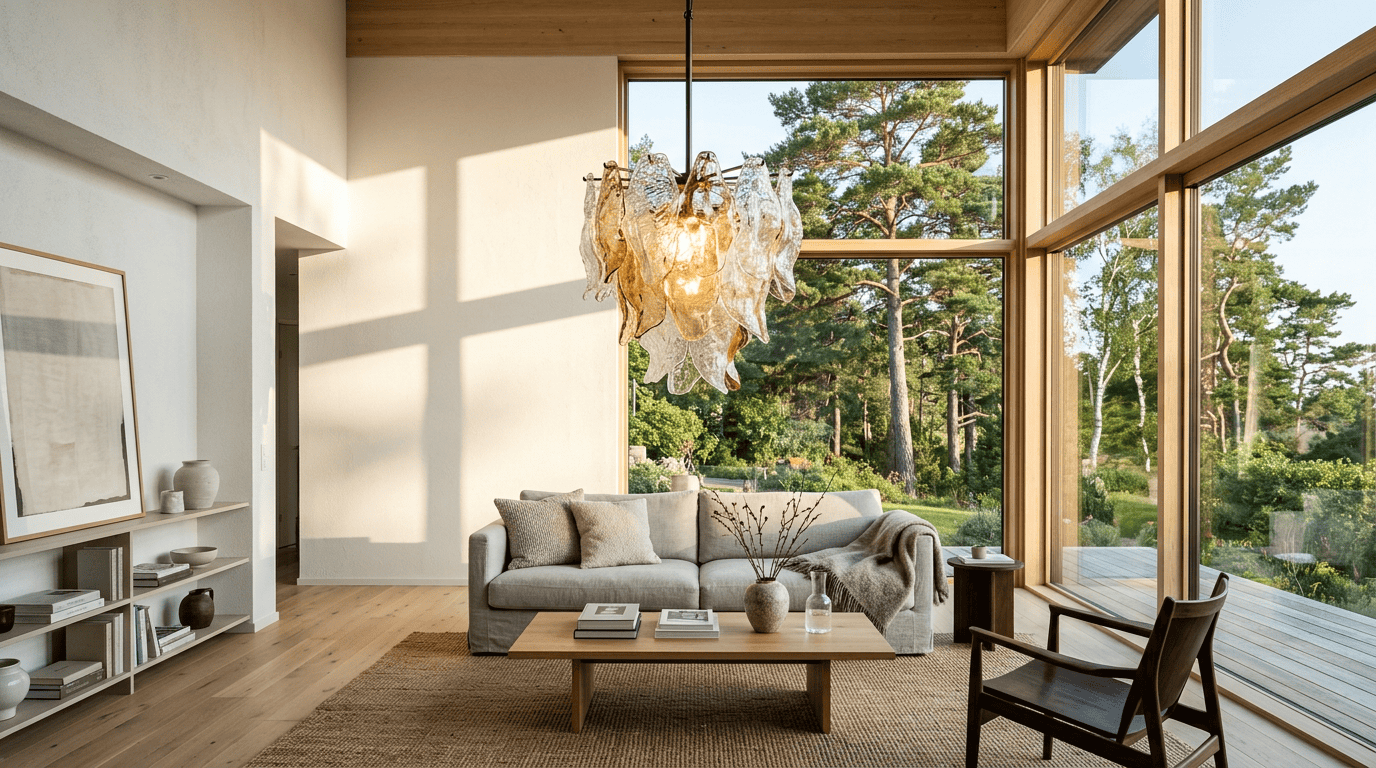 Glaslampenschirme – modernes skandinavisches Wohnzimmer mit auffälliger Glas-Pendelleuchte als Blickfang, goldenes Abendlicht strömt durch die Fenster, hochwertige Innenraumfotografie
