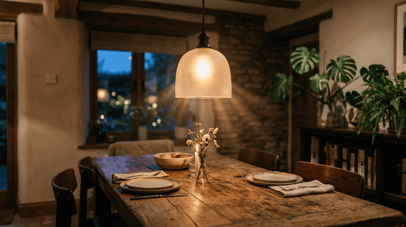 Glaslampenschirme – fertig montierter Pendellampenschirm aus Glas über einem warmen Holzesstisch, durch den abendliches Licht durch mattiertes Glas fällt