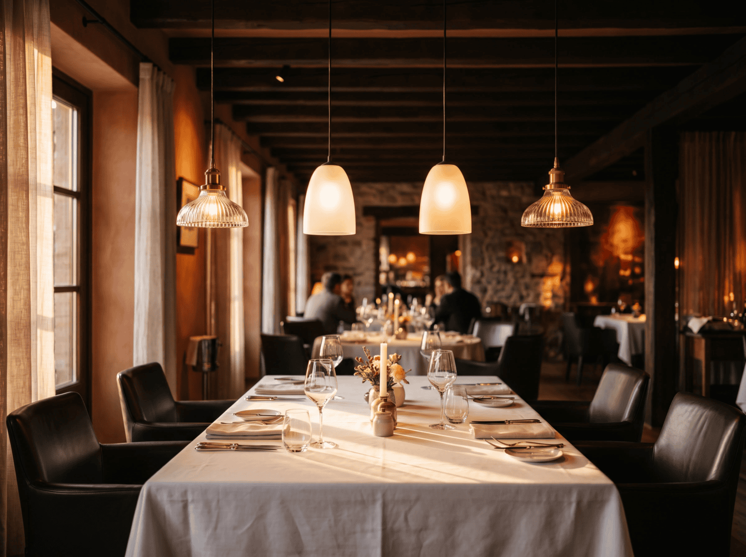 Cúpulas de vidro modernas penduradas sobre uma mesa de jantar em um restaurante elegante.