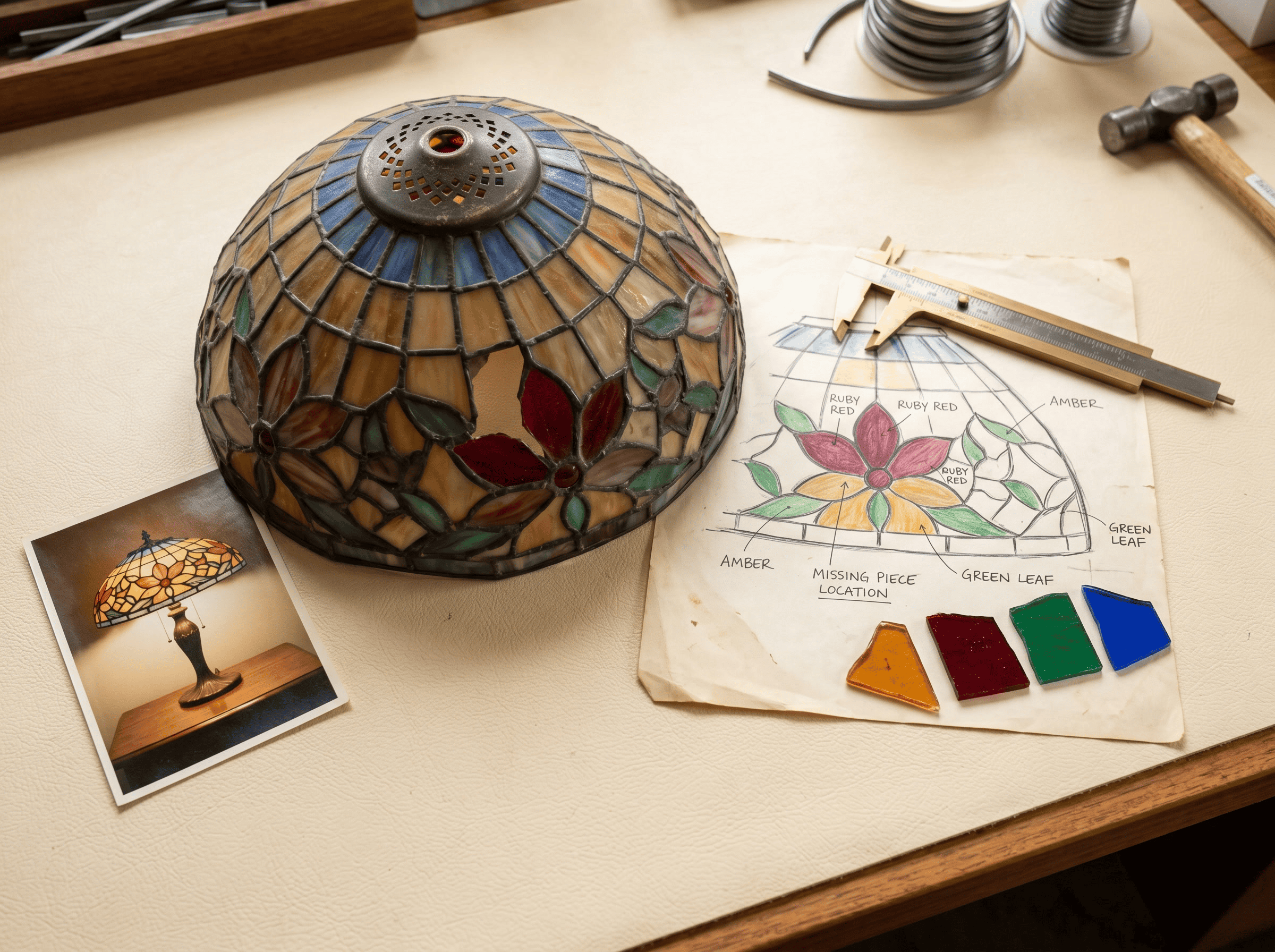 Cúpula de vidro colorido personalizada sendo confeccionada com amostras de cores e esboços de design.