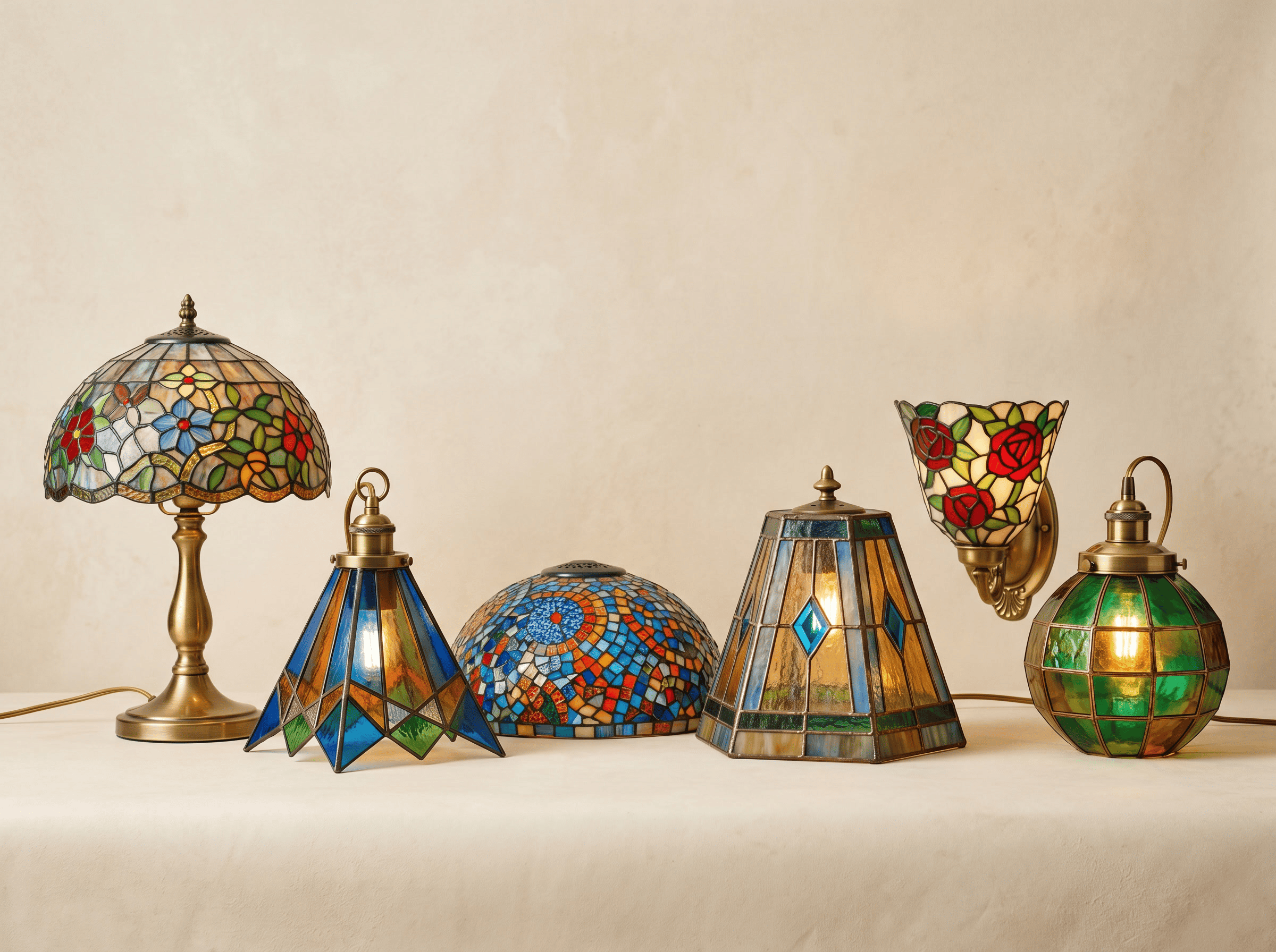 Belos abajures de vidro tingido em várias formas e cores para soluções de iluminação elegantes.