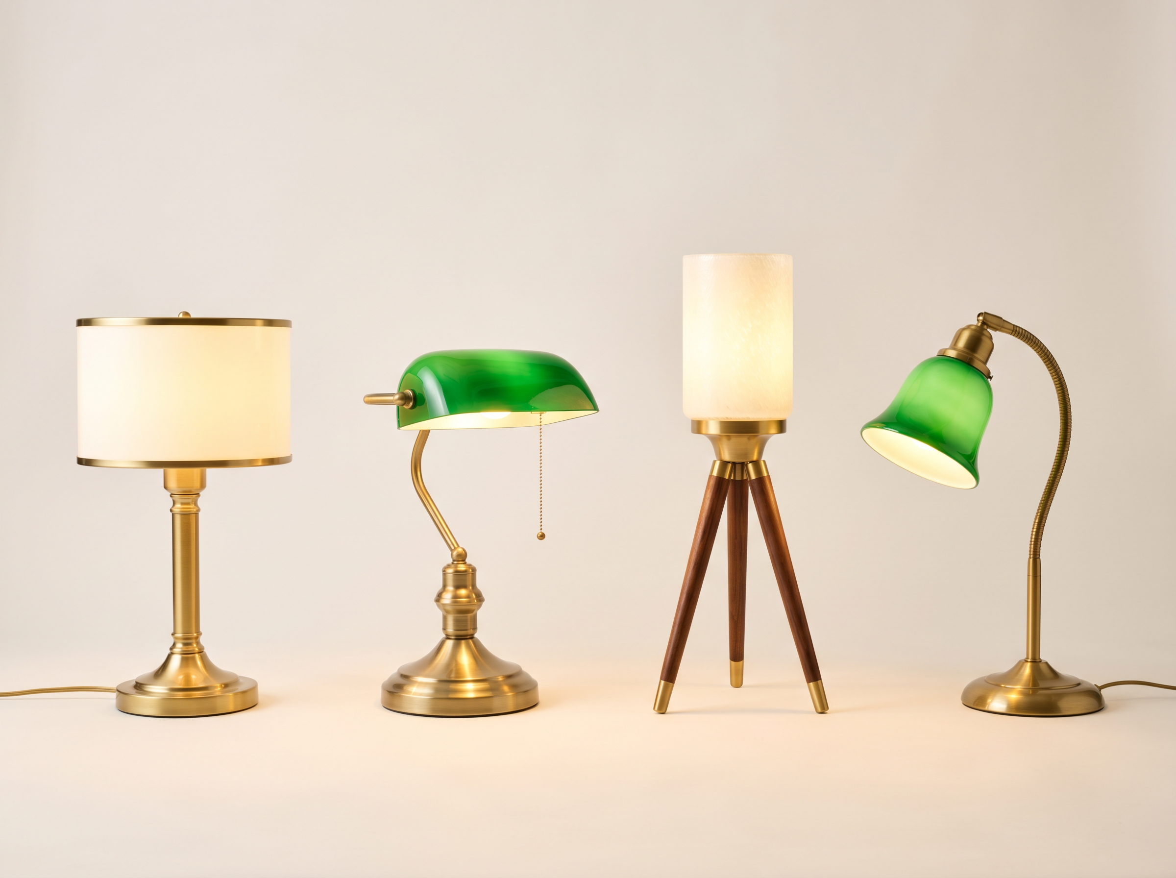 Types de lampes de table et de bureau avec abat-jour en verre : lampe de table traditionnelle, lampe banquier, lampe tripode et lampe de bureau à col de cygne