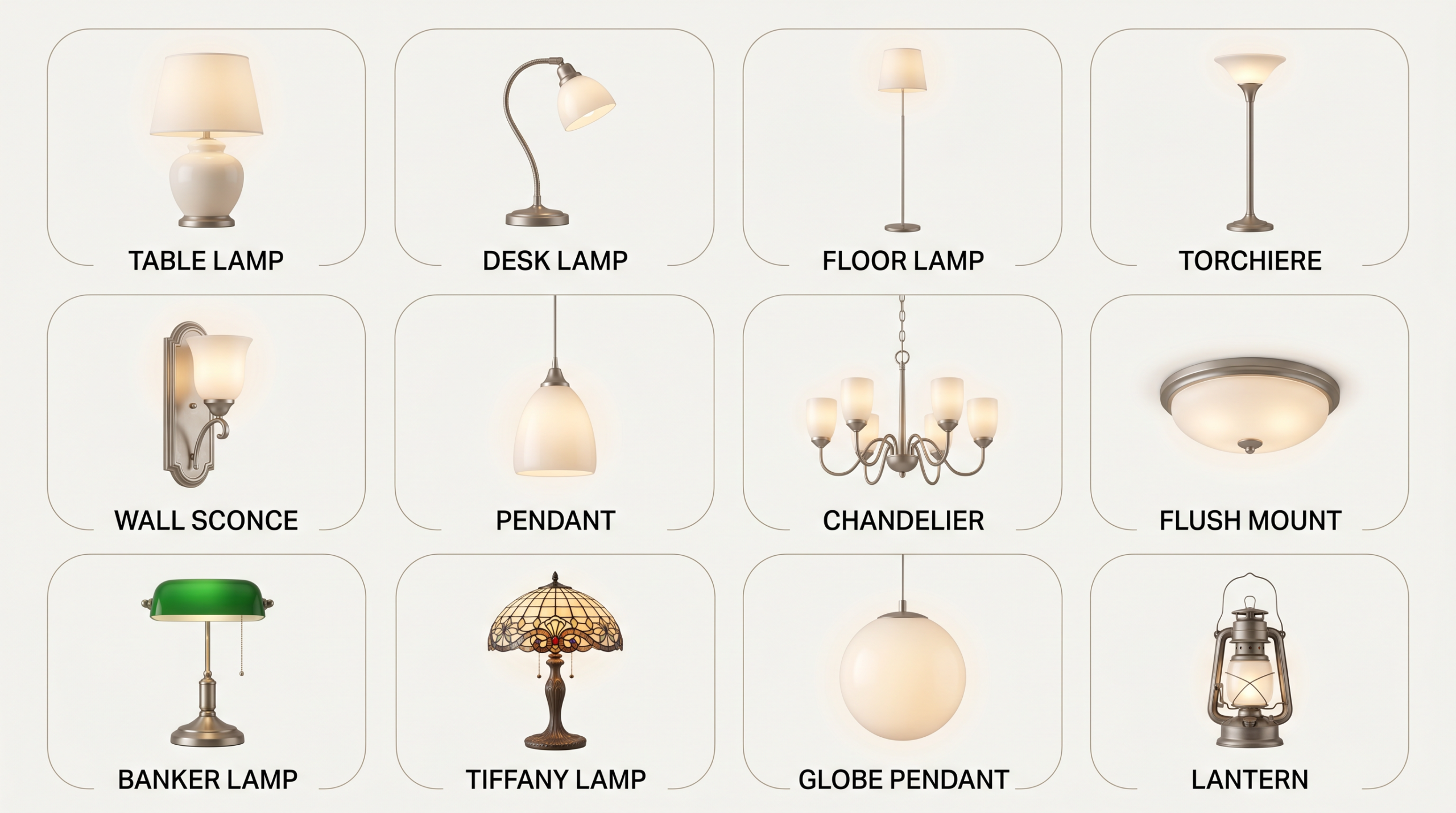 Tableau des types de lampes montrant 12 types de luminaires nommés : lampe de table, lampe de bureau, lampe sur pied, torche, applique murale, suspension, chandelier, plafonnier, lampe banquier, lampe Tiffany, suspension globe et lanterne