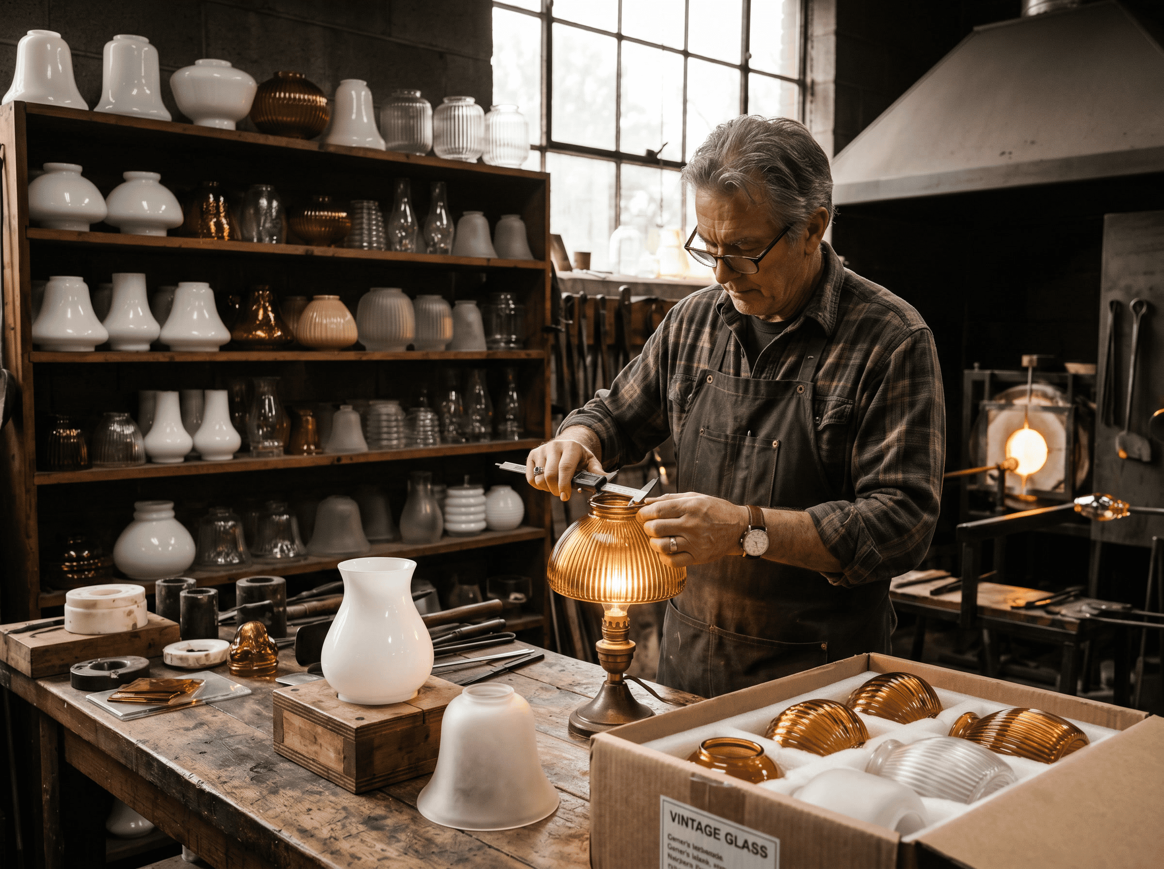Artesão habilidoso confeccionando cúpulas de vidro vintage em um ambiente de oficina.
