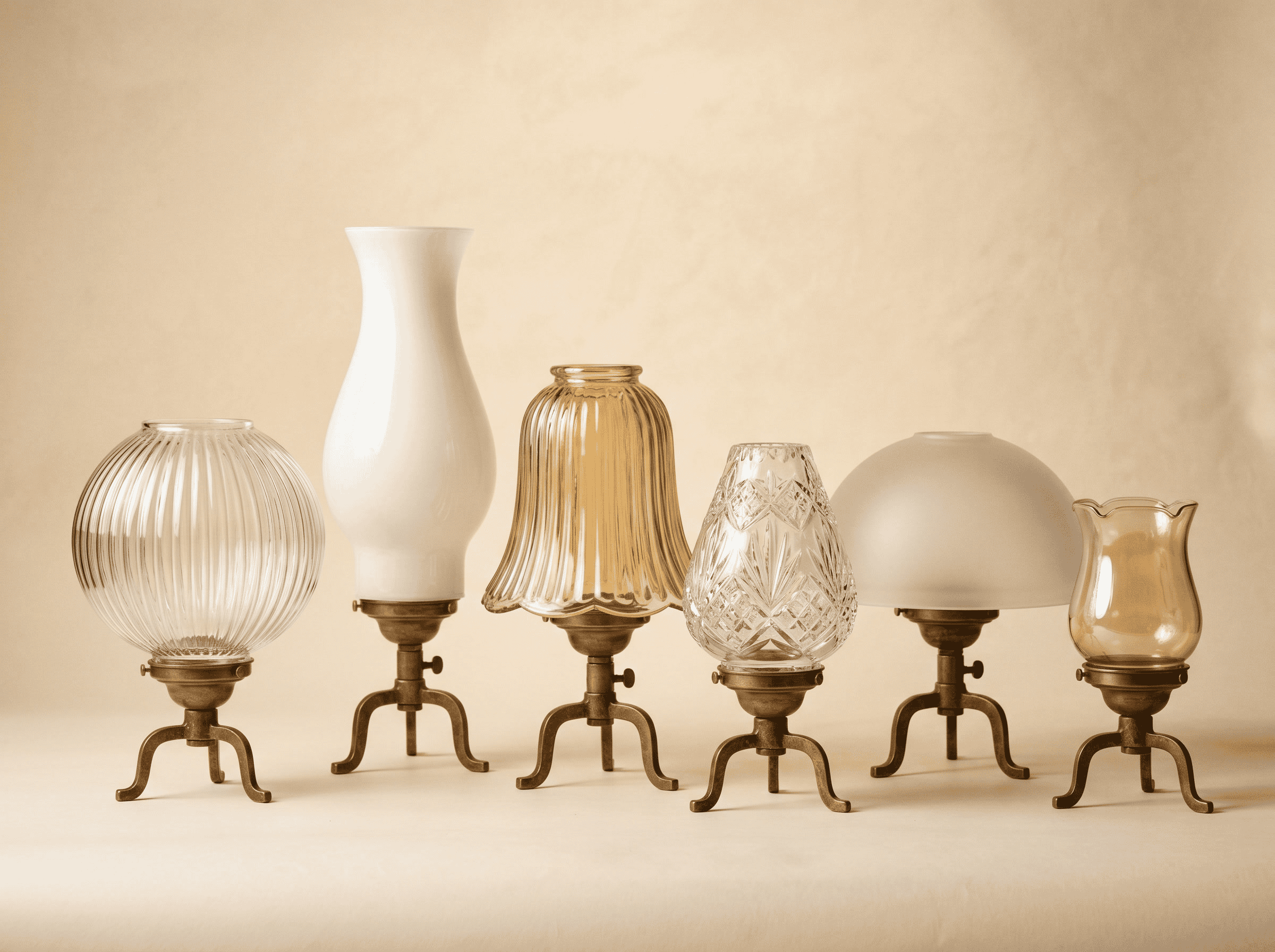 Coleção de cúpulas de vidro vintage com bases decorativas, destacando o artesanato em iluminação de vidro.