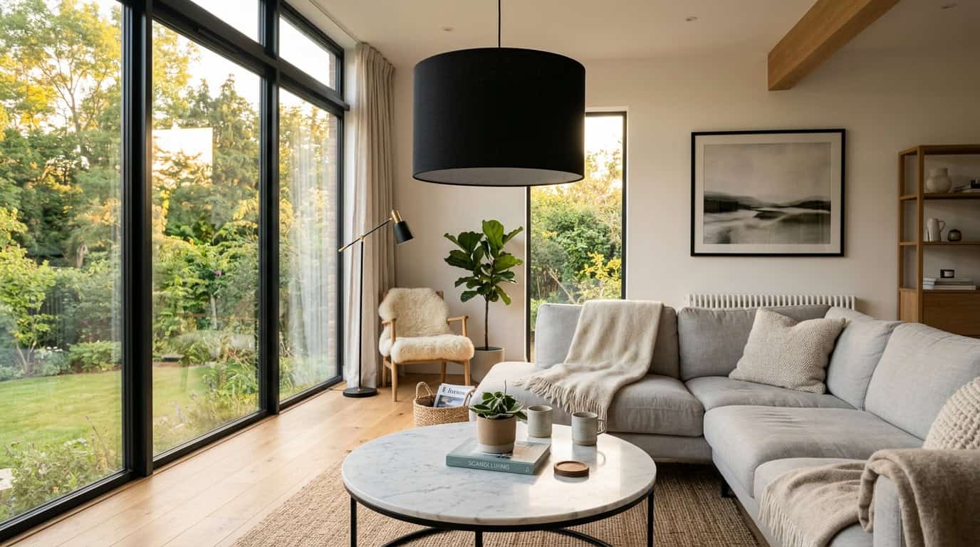 Elegant black glass lampshade hanging over a cozy living room.