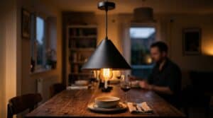 Modern glass lampshade hanging above dining table in cozy home setting.